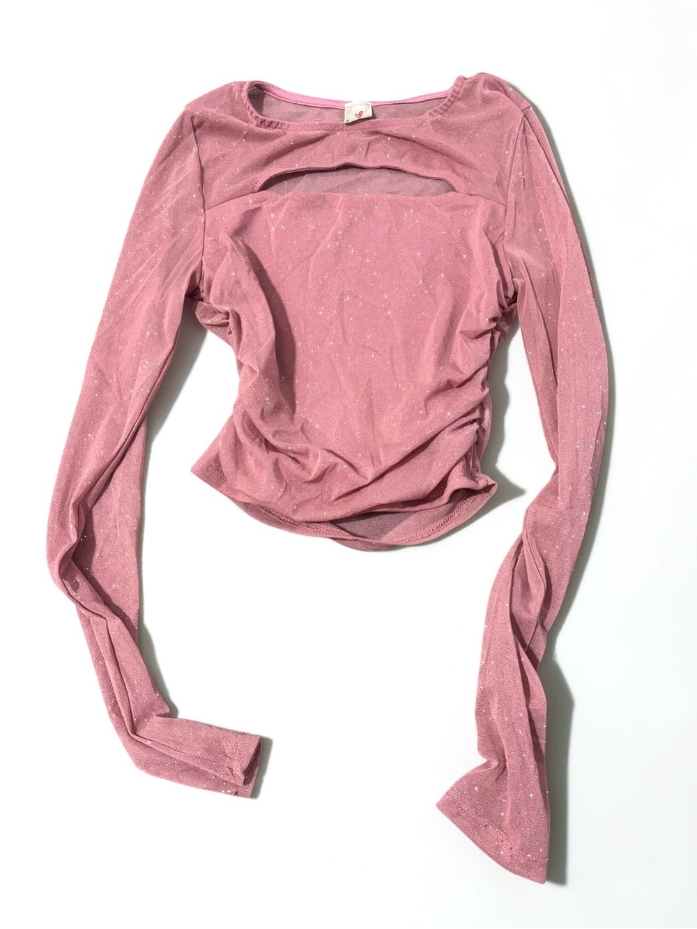 Blush Pink Sparkle Long Sleeve Crop Top Y2K Revival Cutout Ruched Sides S
